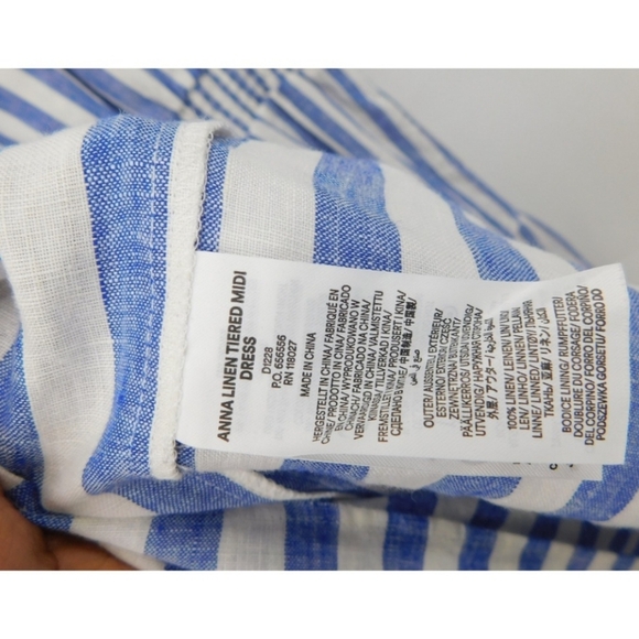 Boden Anna Linen Tiered Midi Dress Blue White Striped Smocked Puff Sleeve 12L - Picture 4 of 6
